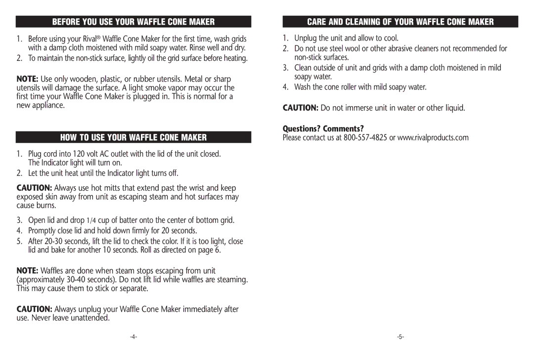 Rival WC800-WT manual Before YOU USE Your Waffle Cone Maker, HOW to USE Your Waffle Cone Maker 