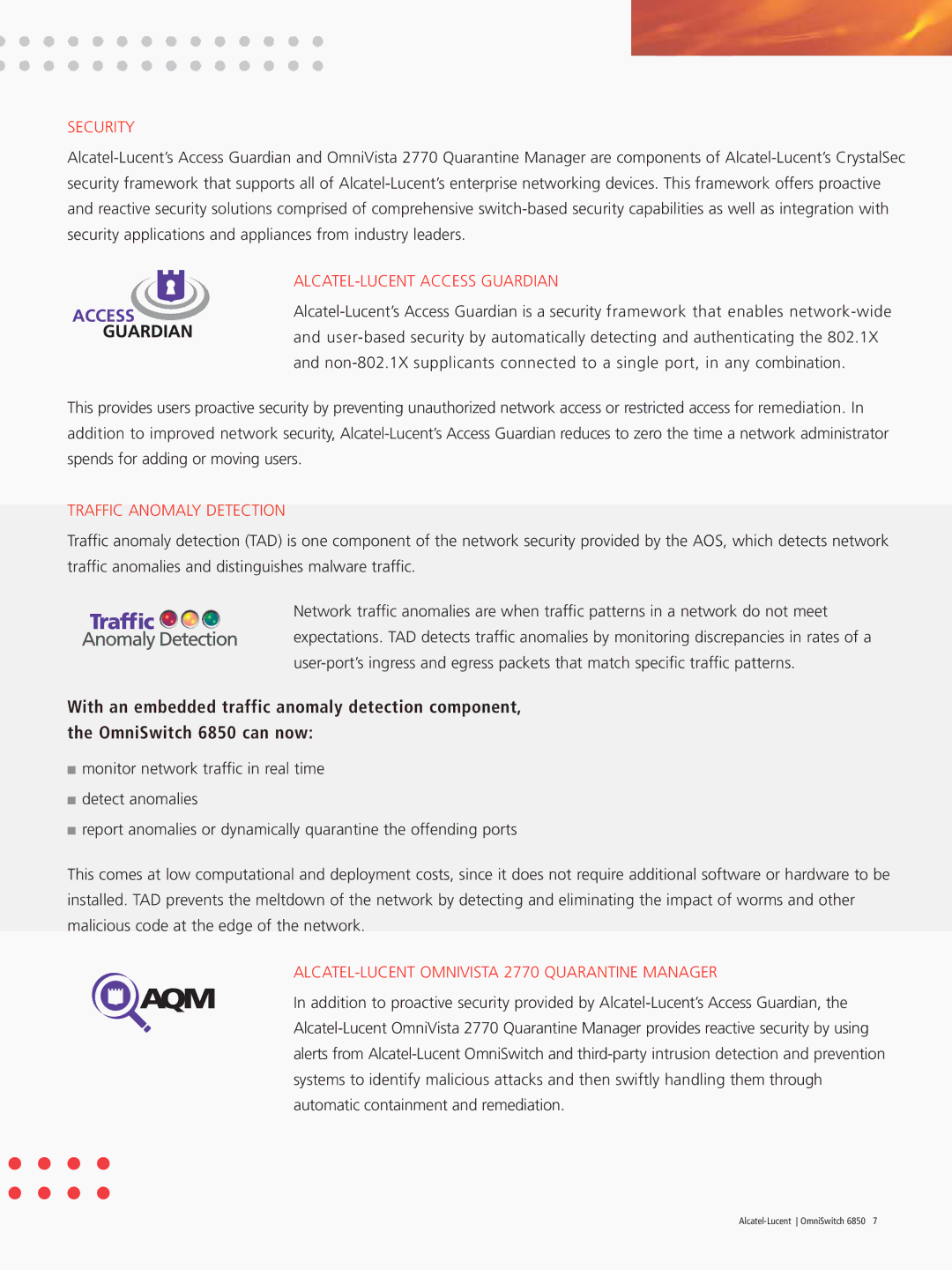 Riverstone Networks 6850 manual Security, ALCATEL-LUCENT Access Guardian, Traffic Anomaly Detection 