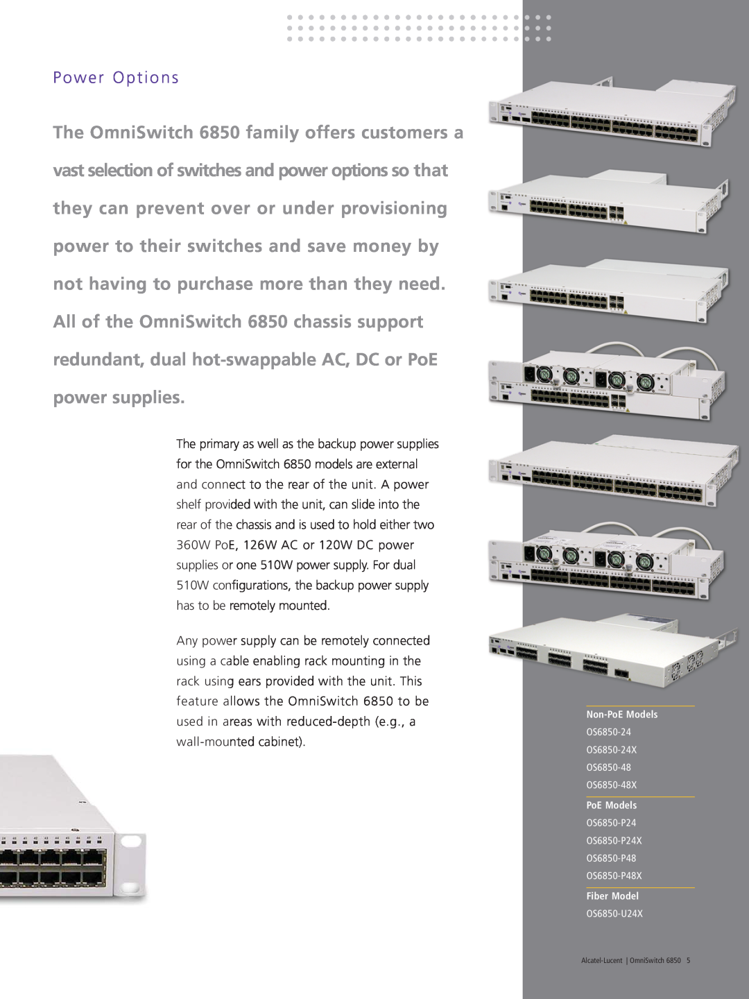 Riverstone Networks 6850 manual Power Options, Non-PoE Models, Fiber Model 