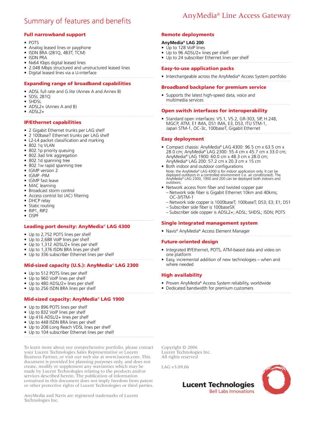 Riverstone Networks Line Access Gateway manual Summary of features and benefits, Full narrowband support 