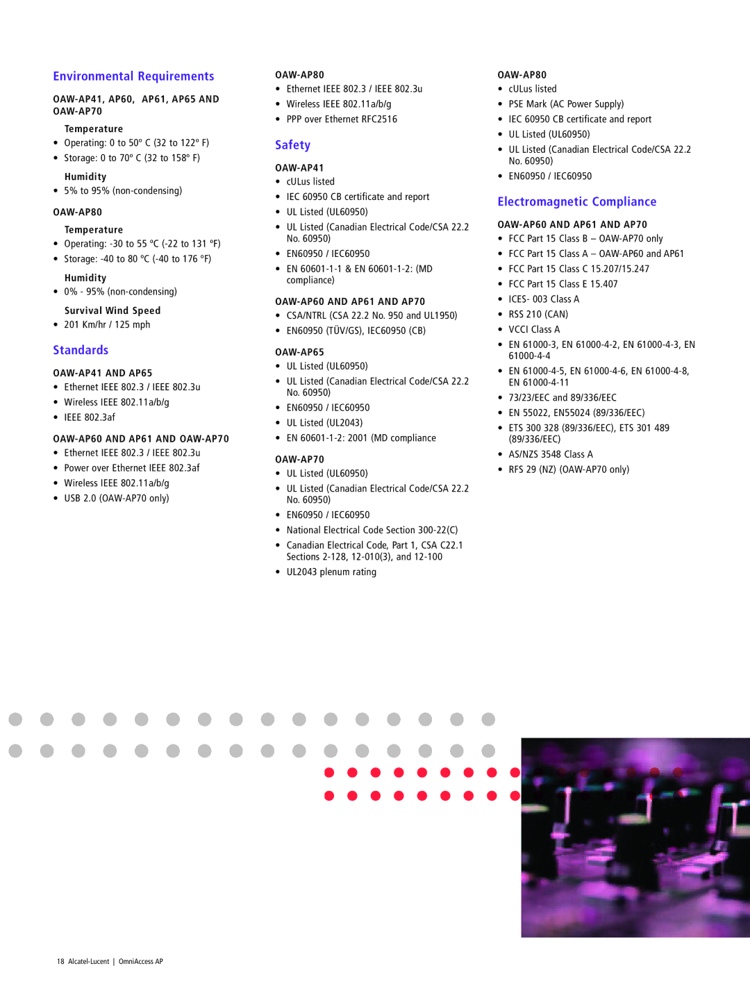 Riverstone Networks OAW-AP80, OAW-AP60, OAW-AP70 Environmental Requirements, Standards, Safety, Electromagnetic Compliance 