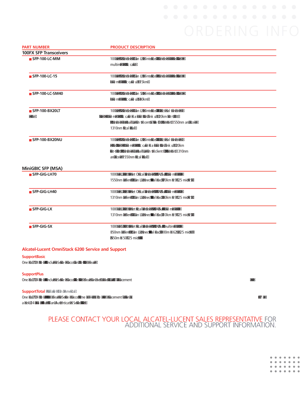 Riverstone Networks manual Ordering Info, Alcatel-Lucent OmniStack 6200 Service and Support 