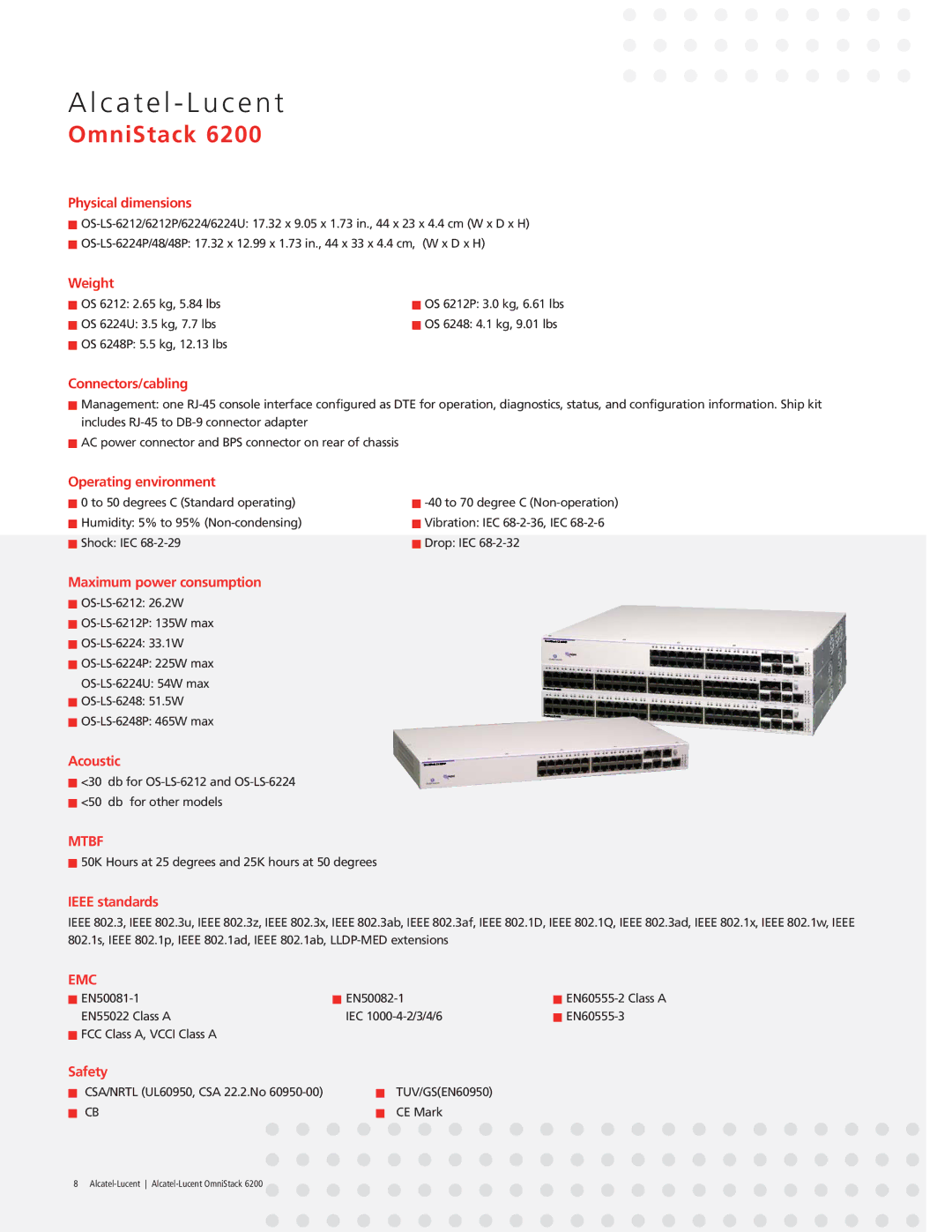 Riverstone Networks OmniStack 6200 manual Physical dimensions, Weight, Connectors/cabling, Operating environment, Acoustic 