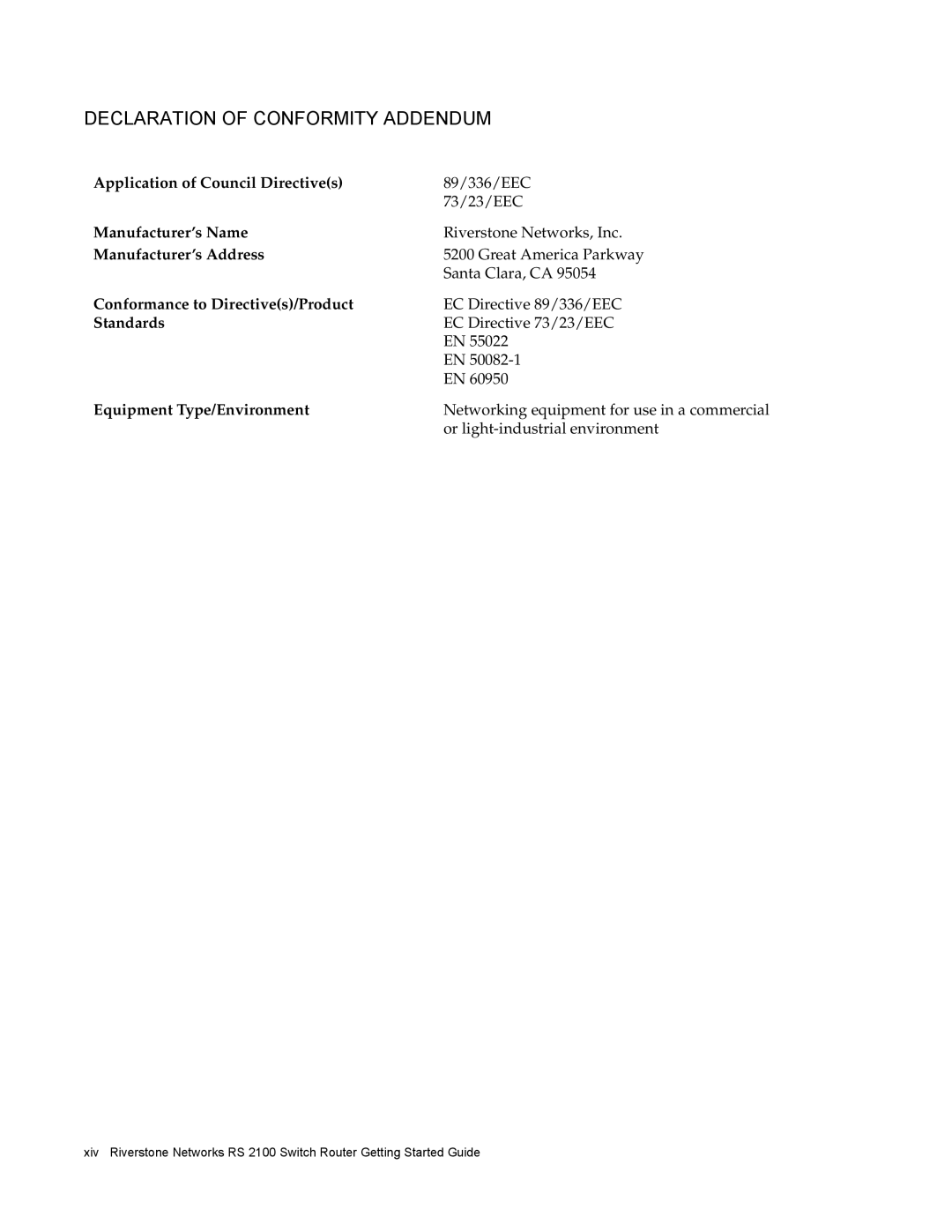 Riverstone Networks RS 2100 manual EC Directive 89/336/EEC, EC Directive 73/23/EEC, Or light-industrial environment 