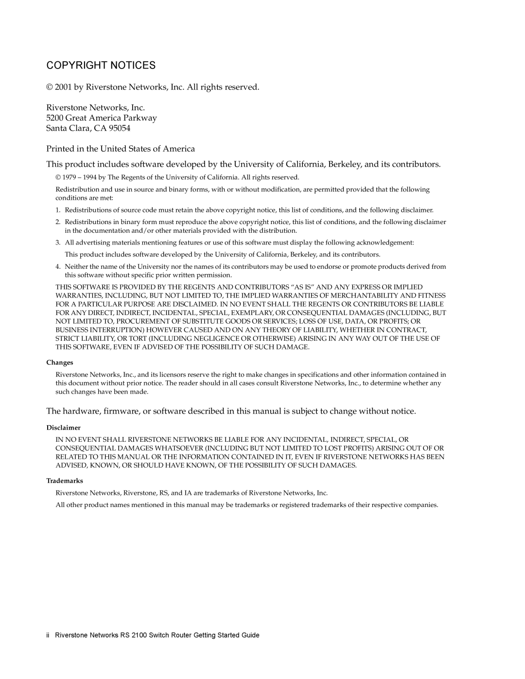 Riverstone Networks RS 2100 manual Copyright Notices 