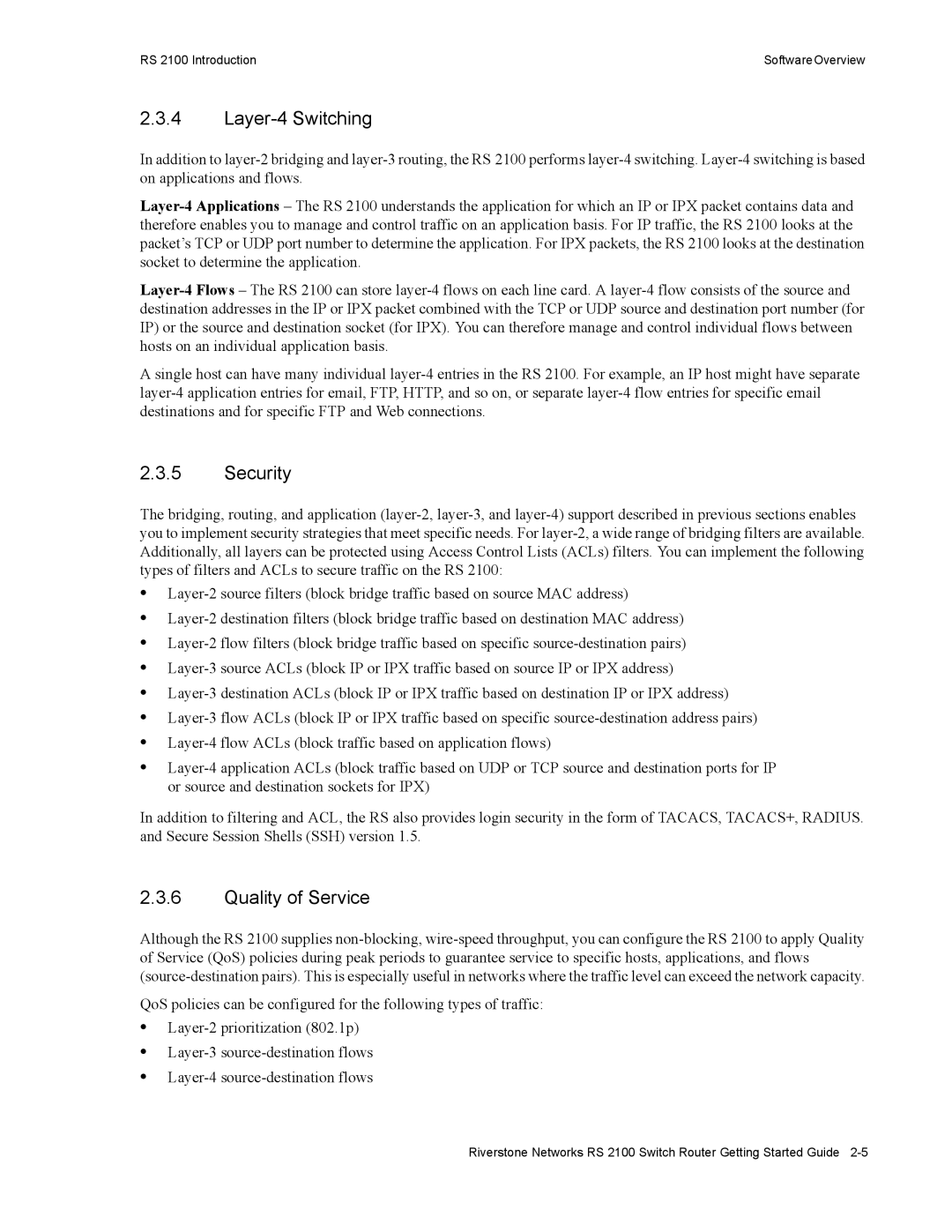 Riverstone Networks RS 2100 manual Layer-4 Switching, Security, Quality of Service 