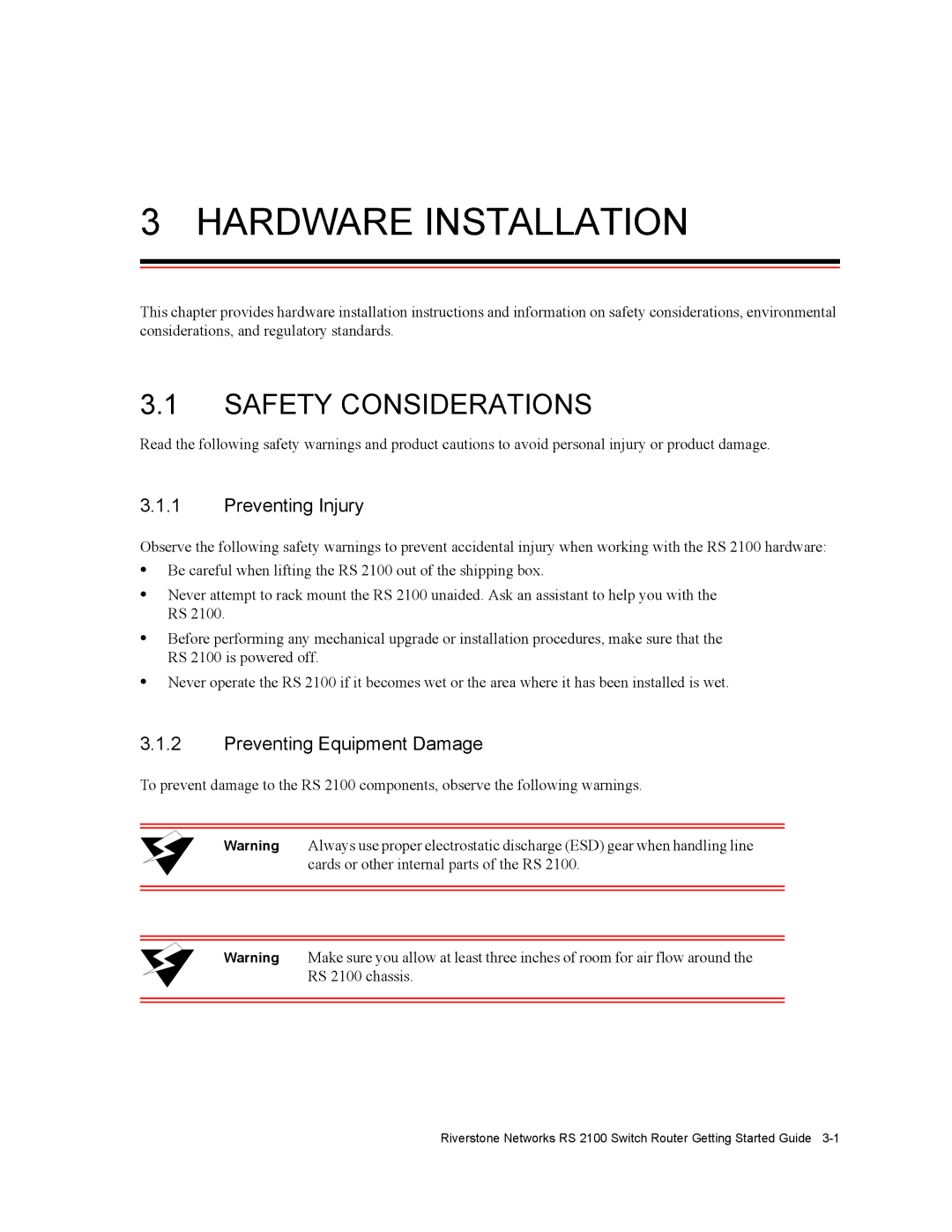 Riverstone Networks RS 2100 manual Safety Considerations, Preventing Injury, Preventing Equipment Damage 