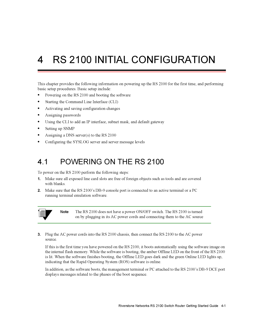 Riverstone Networks manual RS 2100 Initial Configuration, Powering on the RS 