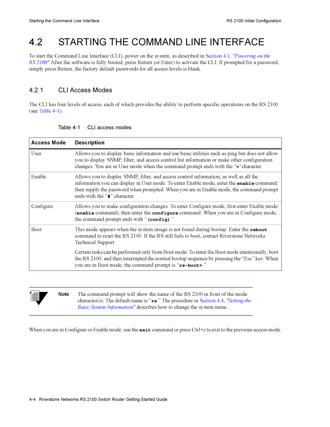 Riverstone Networks RS 2100 manual Starting the Command Line Interface, CLI Access Modes, Access Mode Description 