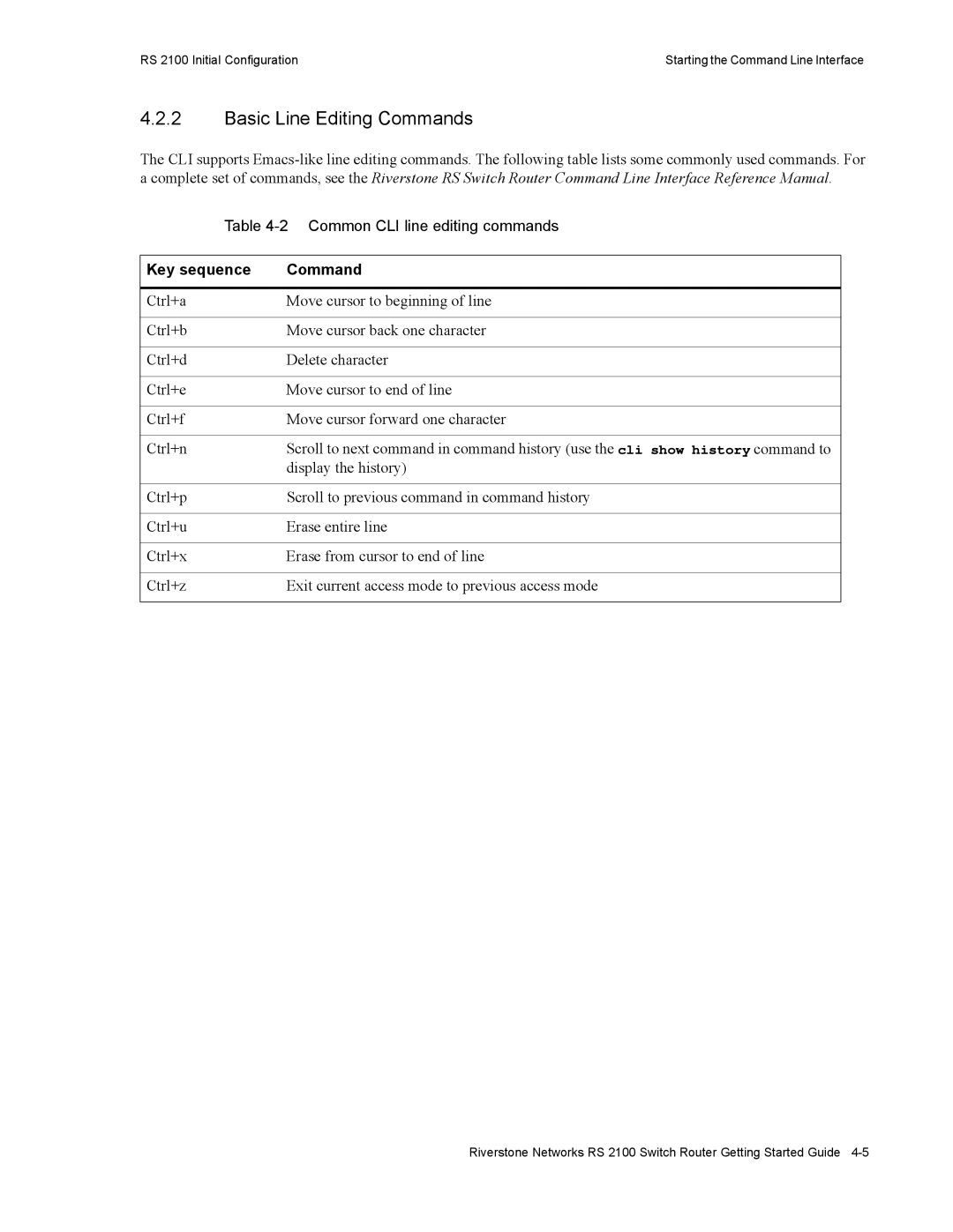 Riverstone Networks RS 2100 manual Basic Line Editing Commands, Key sequence Command 