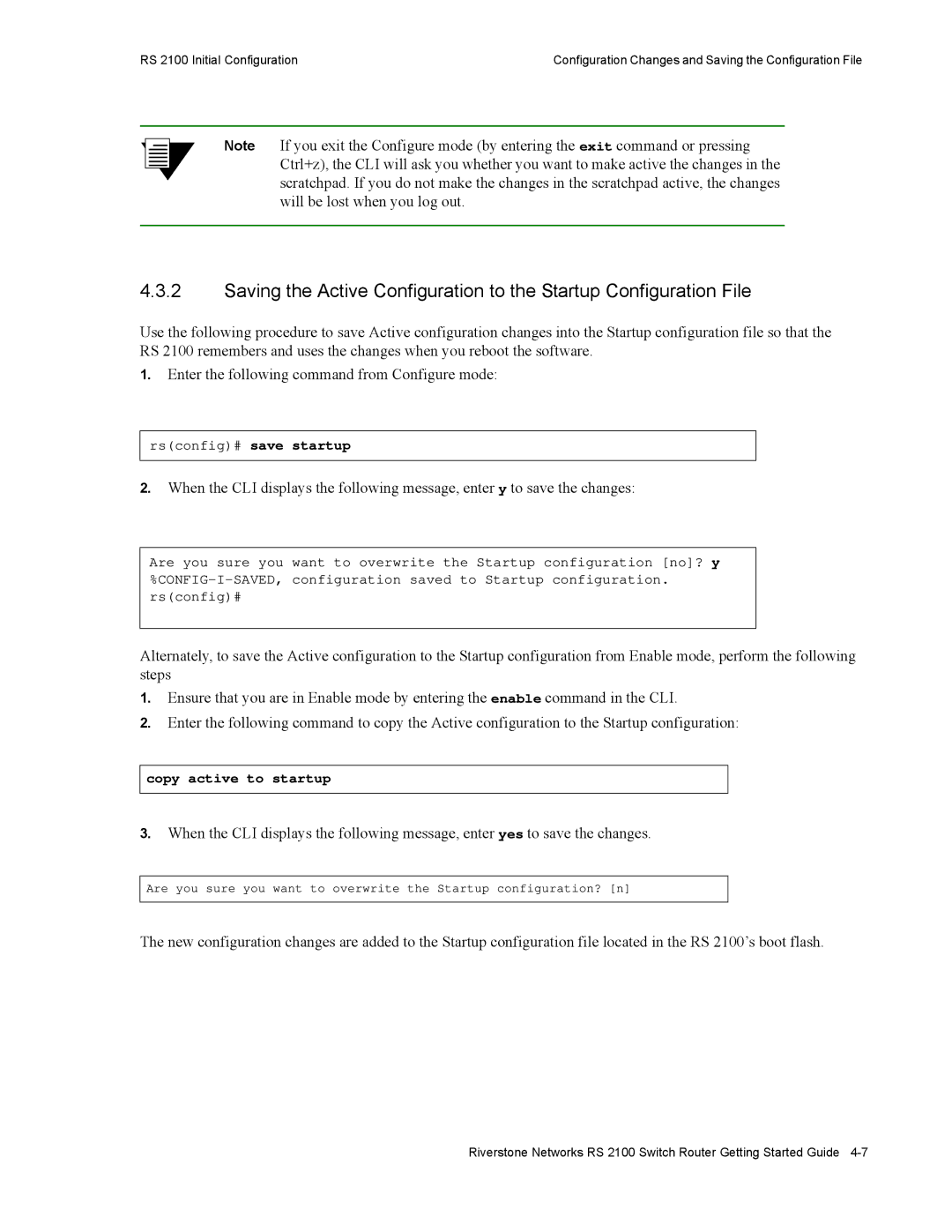 Riverstone Networks RS 2100 manual Copy active to startup 