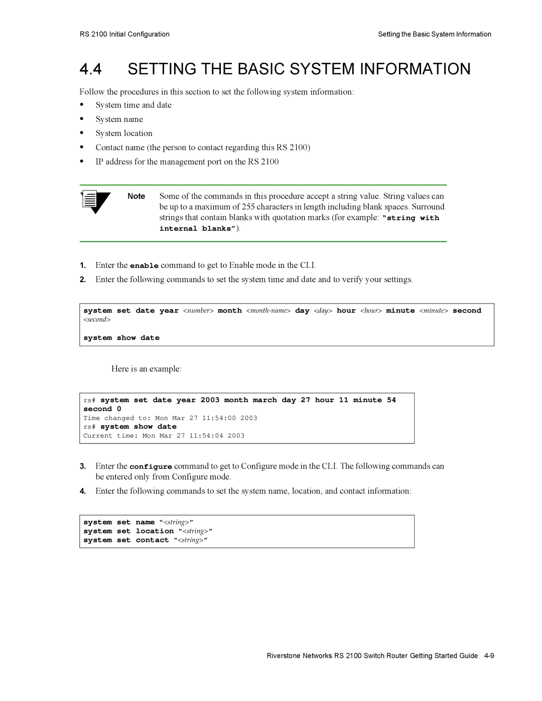 Riverstone Networks RS 2100 manual Setting the Basic System Information, Here is an example 