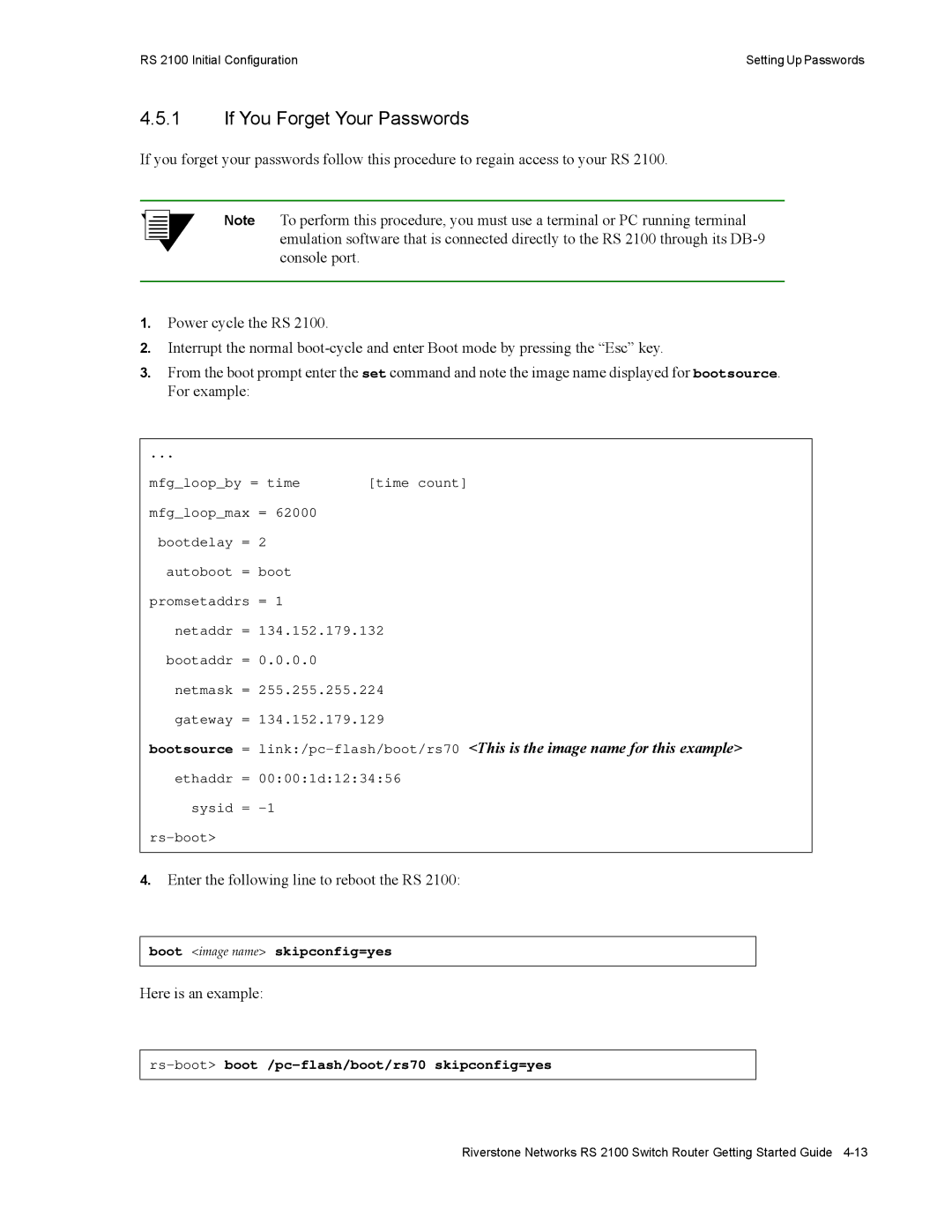 Riverstone Networks RS 2100 manual If You Forget Your Passwords, Enter the following line to reboot the RS 