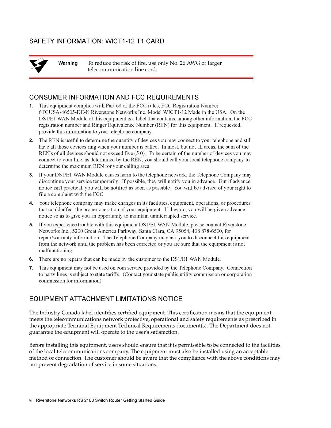 Riverstone Networks RS 2100 manual Equipment Attachment Limitations Notice 