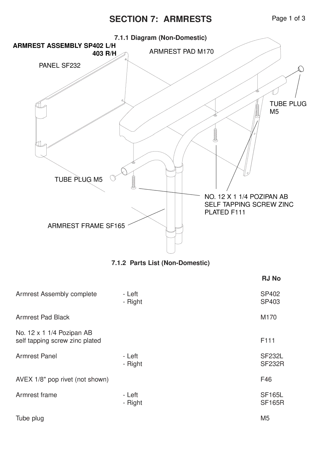 RJTech 10H, 7H manual Armrests, Diagram Non-Domestic, Armrest Assembly SP402 L/H Armrest PAD M170, 403 R/H 