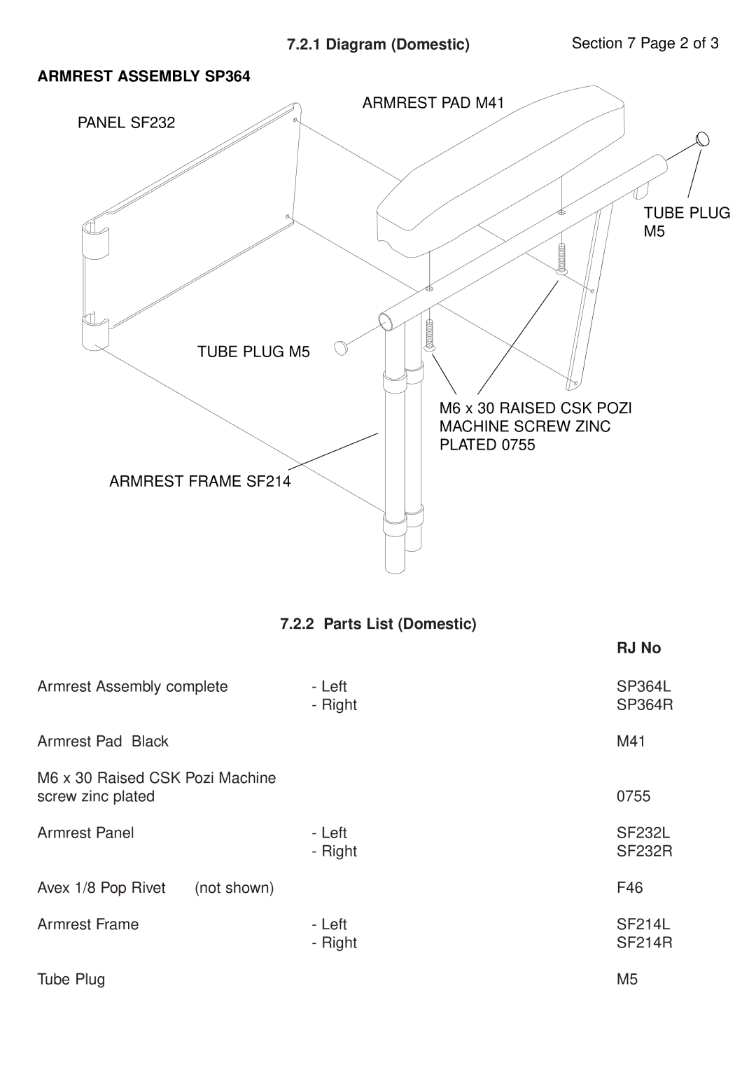 RJTech 7H, 10H manual Diagram Domestic, Armrest Assembly SP364, Parts List Domestic RJ No 