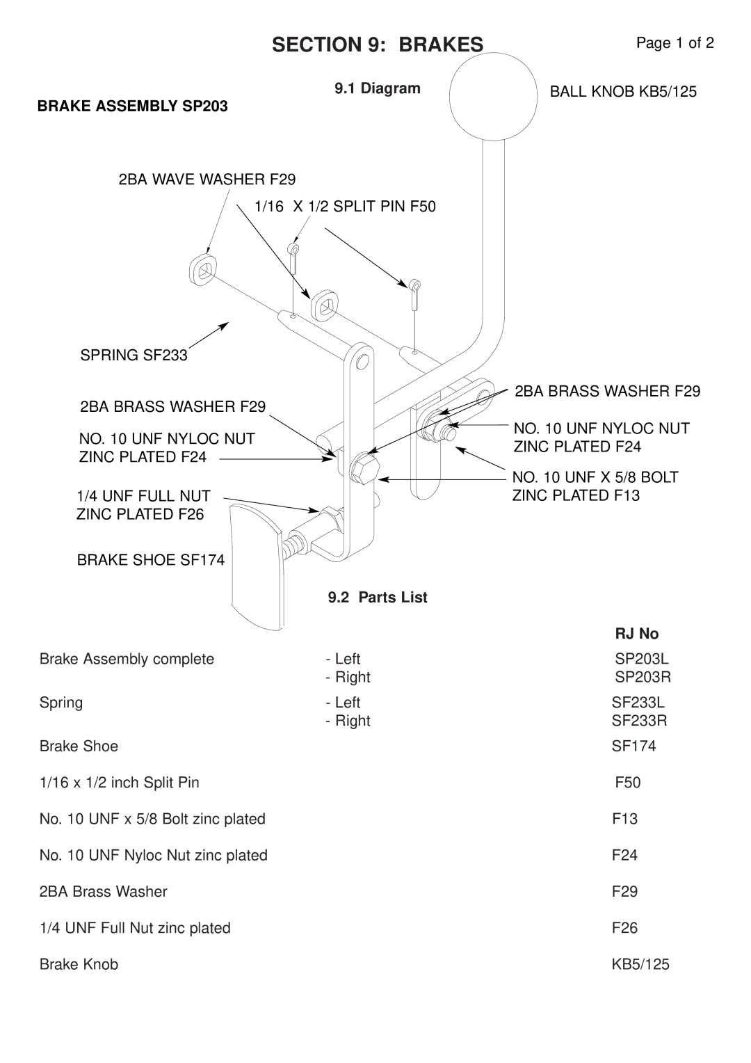 RJTech 7H, 10H manual Brakes, Brake Assembly SP203 