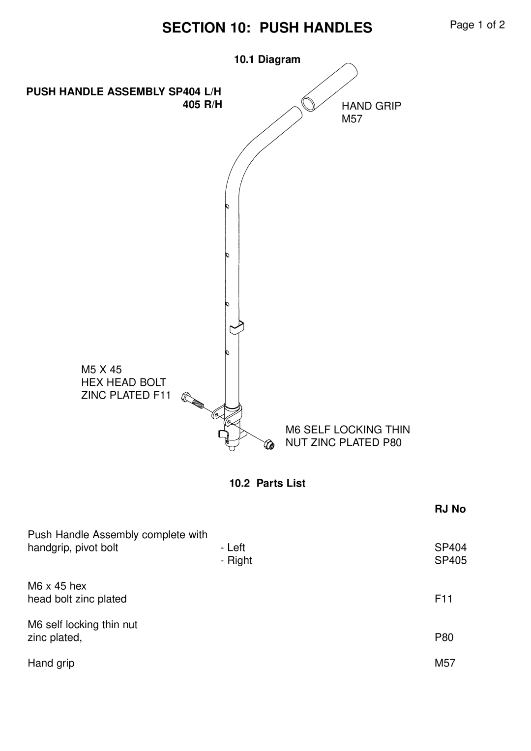 RJTech 7H, 10H manual Push Handles, Push Handle Assembly SP404 L/H 