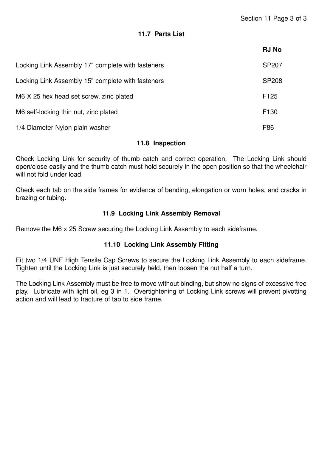 RJTech 7H, 10H manual Parts List RJ No, Inspection, Locking Link Assembly Removal, Locking Link Assembly Fitting 
