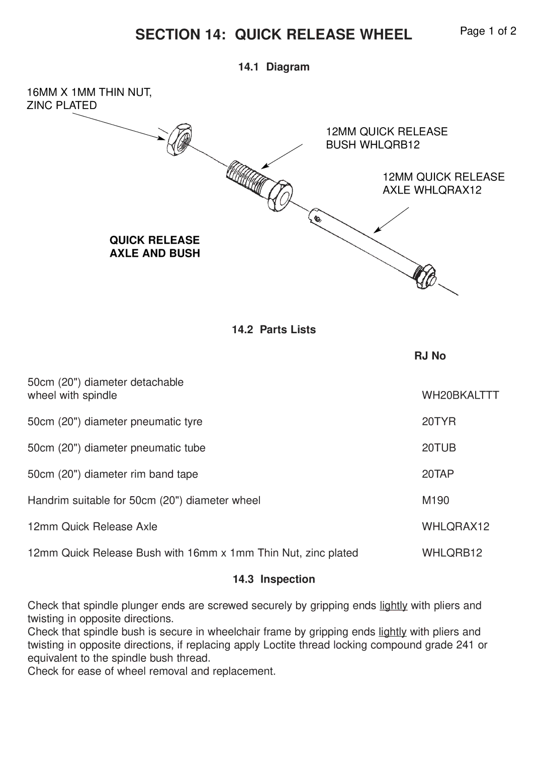 RJTech 7H, 10H manual Quick Release Wheel, Quick Release Axle and Bush, Parts Lists RJ No, Inspection 