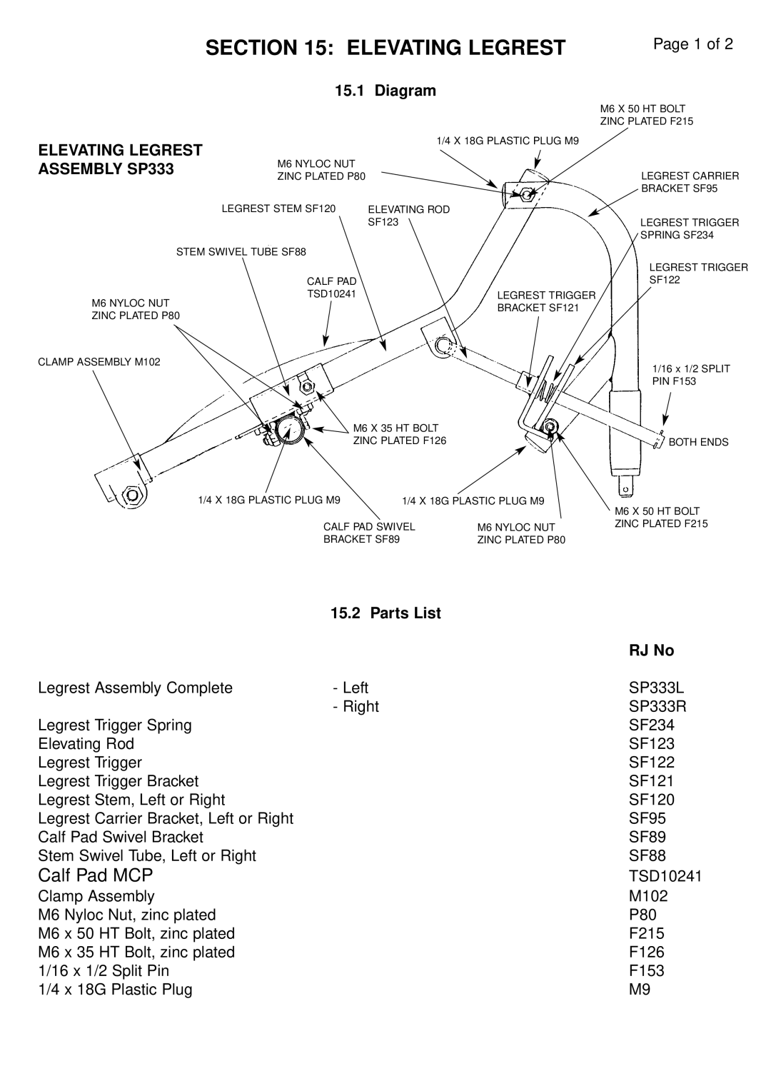 RJTech 7H, 10H manual Elevating Legrest, Diagram, Assembly SP333 