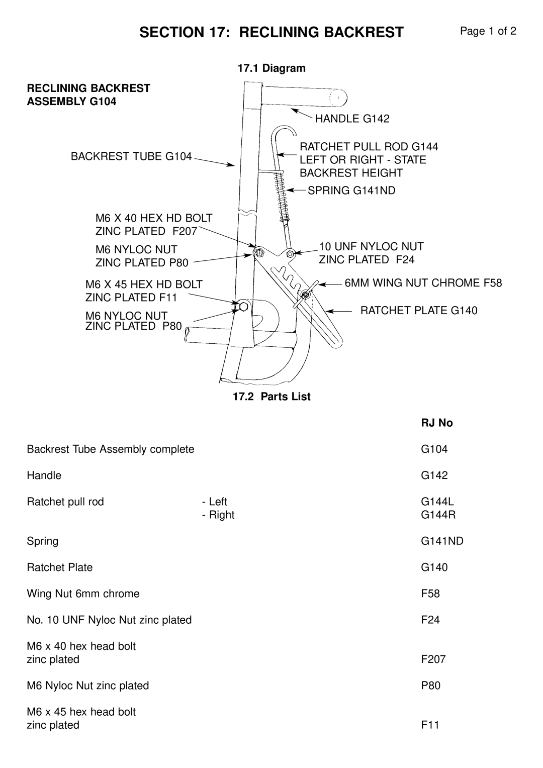 RJTech 10H, 7H manual Section, Reclining Backrest Assembly G104, Parts List RJ No 