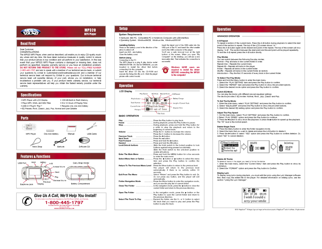 Roadmaster MP320 specifications InstallationSetup, Read First, Specifications, Parts, InstallationOperation 