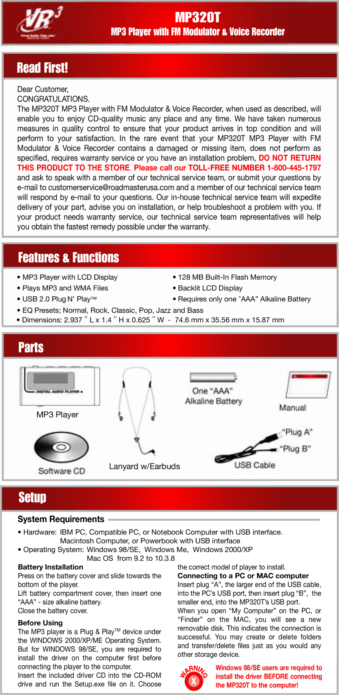 Roadmaster MP320T warranty Read First, Features & Functions, Parts, InstallationSetup 