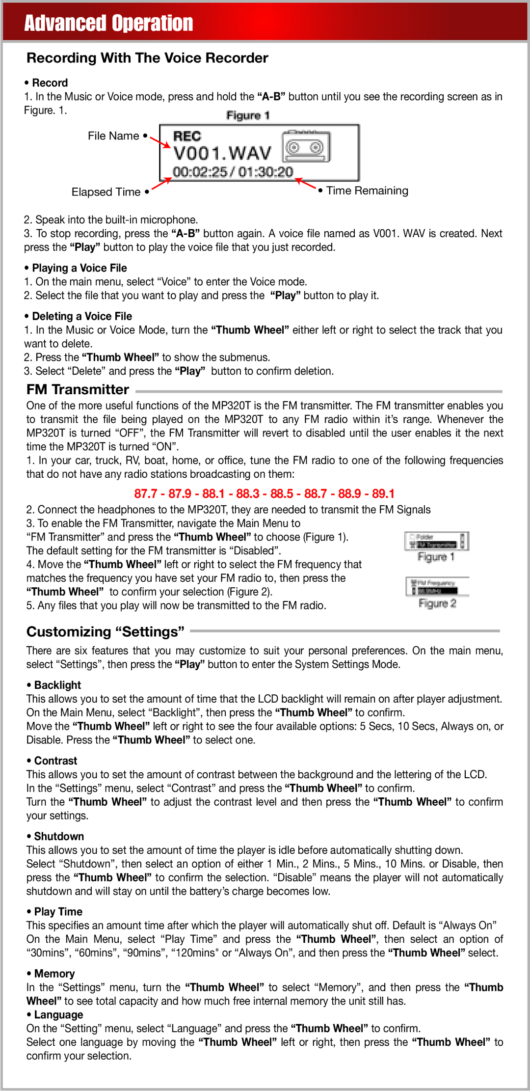 Roadmaster MP320T warranty Advanced Operation, Recording With The Voice Recorder, FM Transmitter, Customizing Settings 