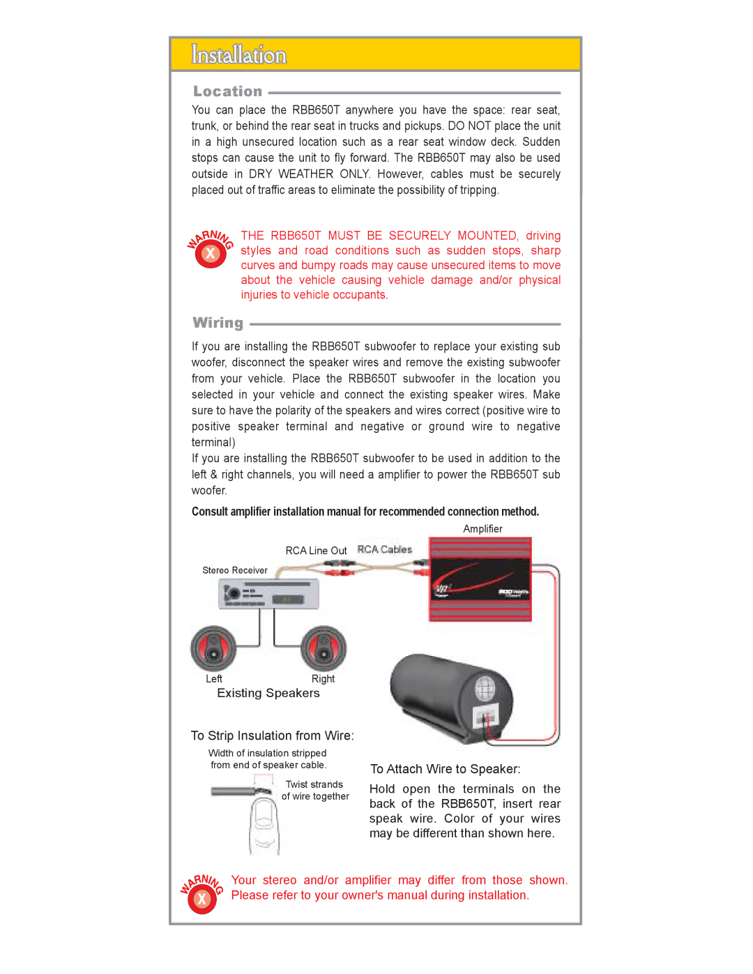 Roadmaster RBB650T warranty Location, Wiring, To Strip Insulation from Wire, To Attach Wire to Speaker 