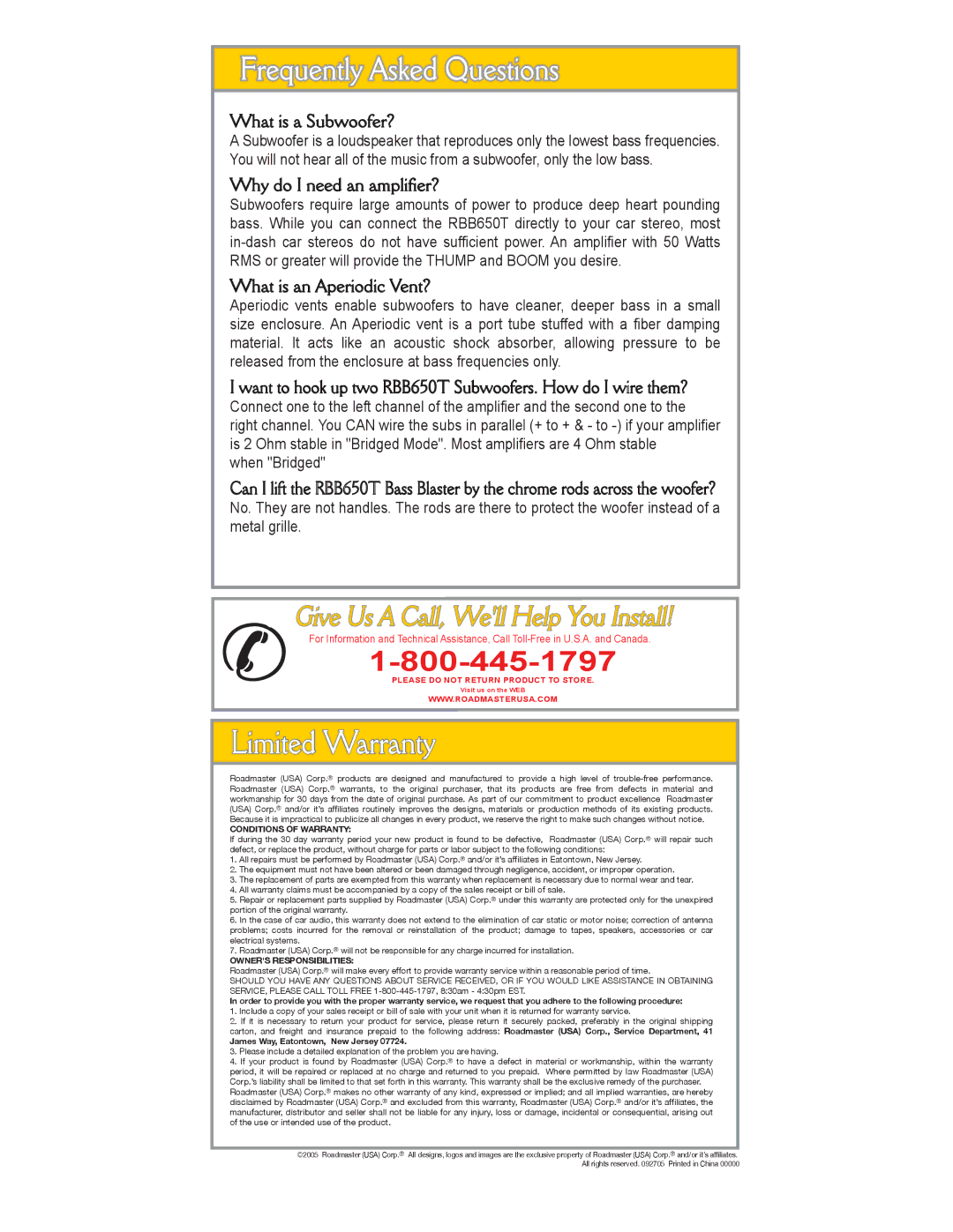 Roadmaster RBB650T warranty Limited Warranty, What is a Subwoofer?, Why do I need an amplifier?, What is an Aperiodic Vent? 