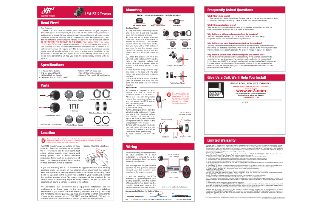 Roadmaster RT15 specifications Read First, Specifications, Parts, Location, Mounting, Wiring Frequently Asked Questions 