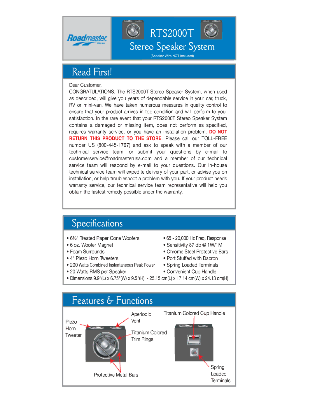 Roadmaster dimensions RTS2000T Stereo Speaker System, Read First, Specifications, Features & Functions 