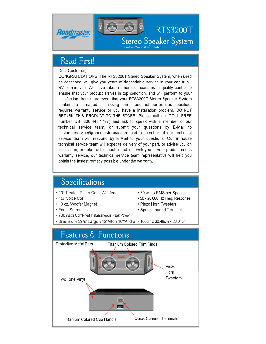 Roadmaster dimensions RTS3200T Stereo Speaker System, Read First, Specifications, Features & Functions 