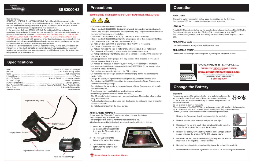 Roadmaster SBS2000H3 specifications Specifications, Precautions, Operation, Change the Battery 