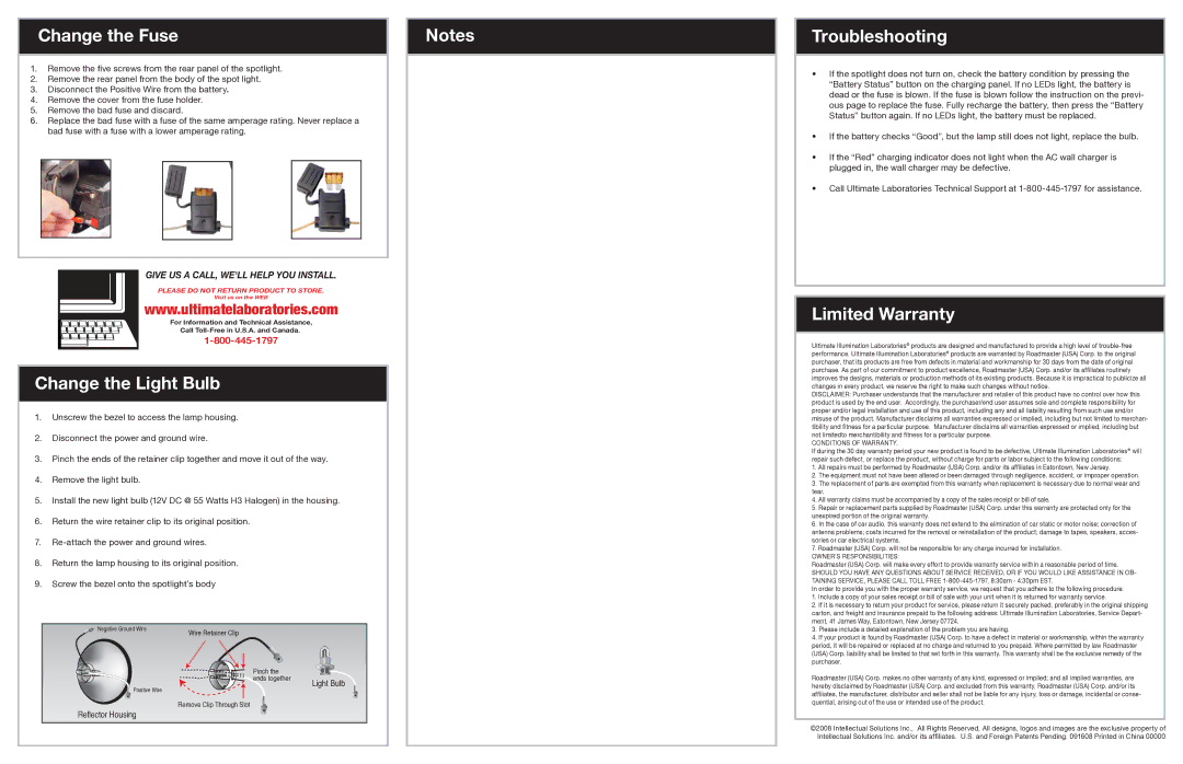 Roadmaster SBS2000H3 specifications Change the Fuse, Change the Light Bulb, Troubleshooting, Limited Warranty 