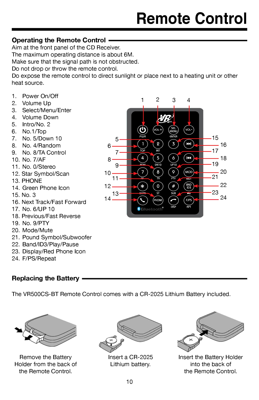 Roadmaster VR500CS-BT manual Operating the Remote Control, Replacing the Battery 