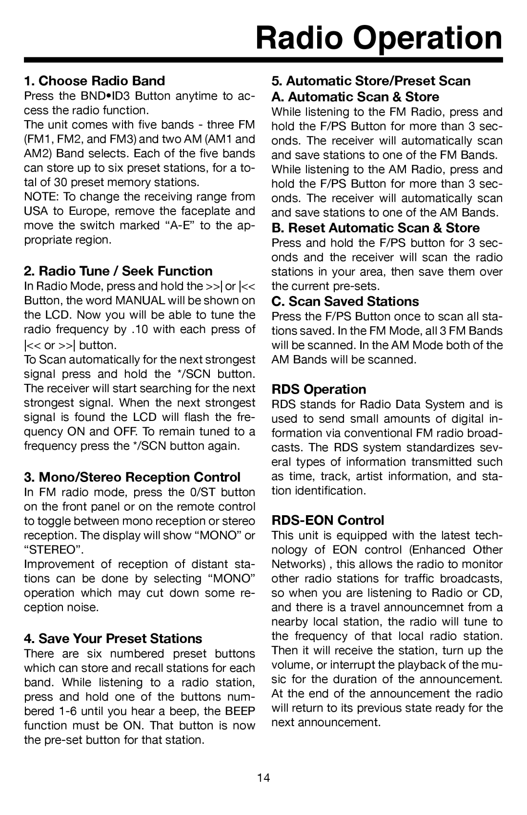 Roadmaster VR500CS-BT manual Radio Operation 