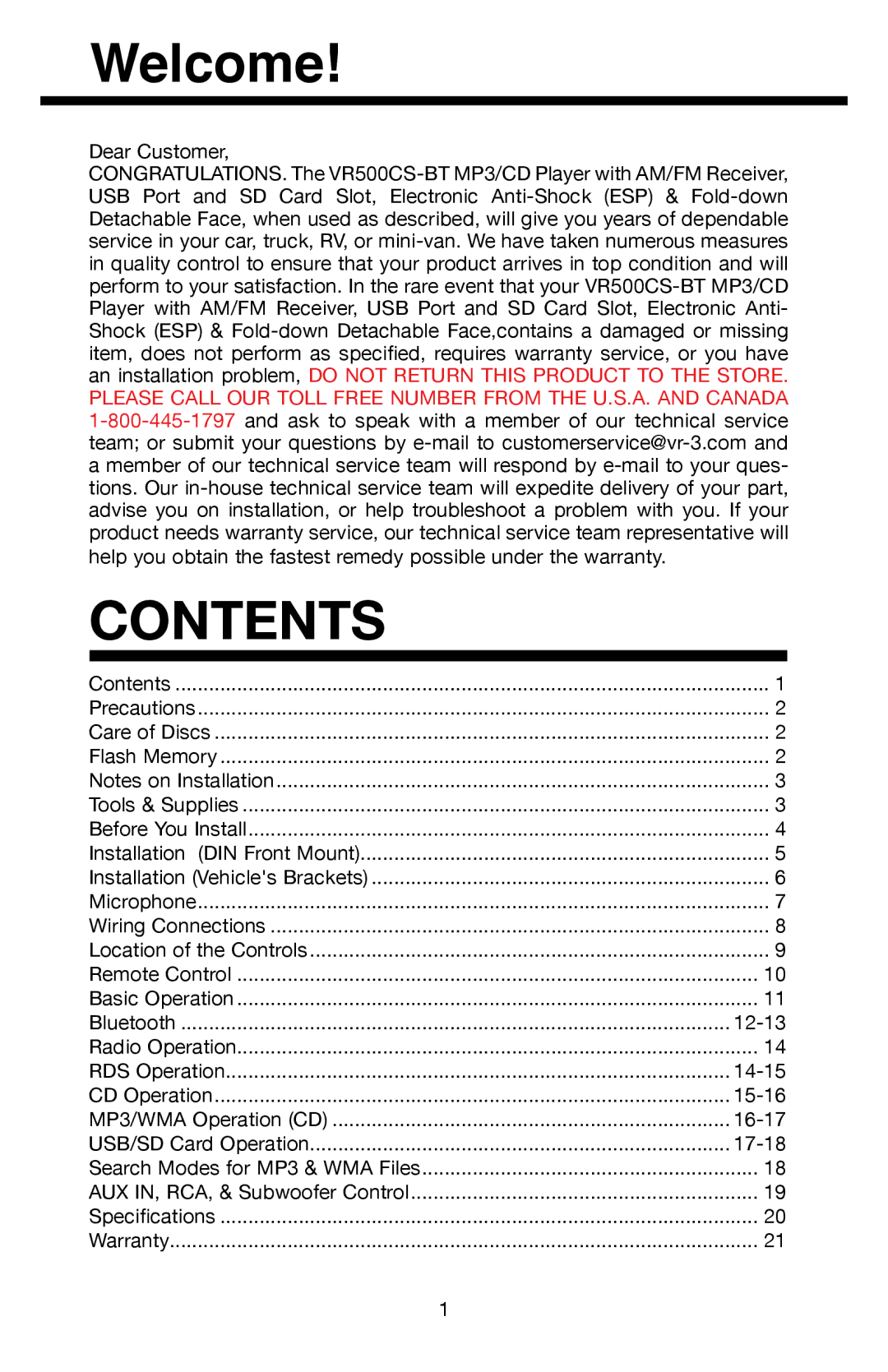 Roadmaster VR500CS-BT manual Contents 