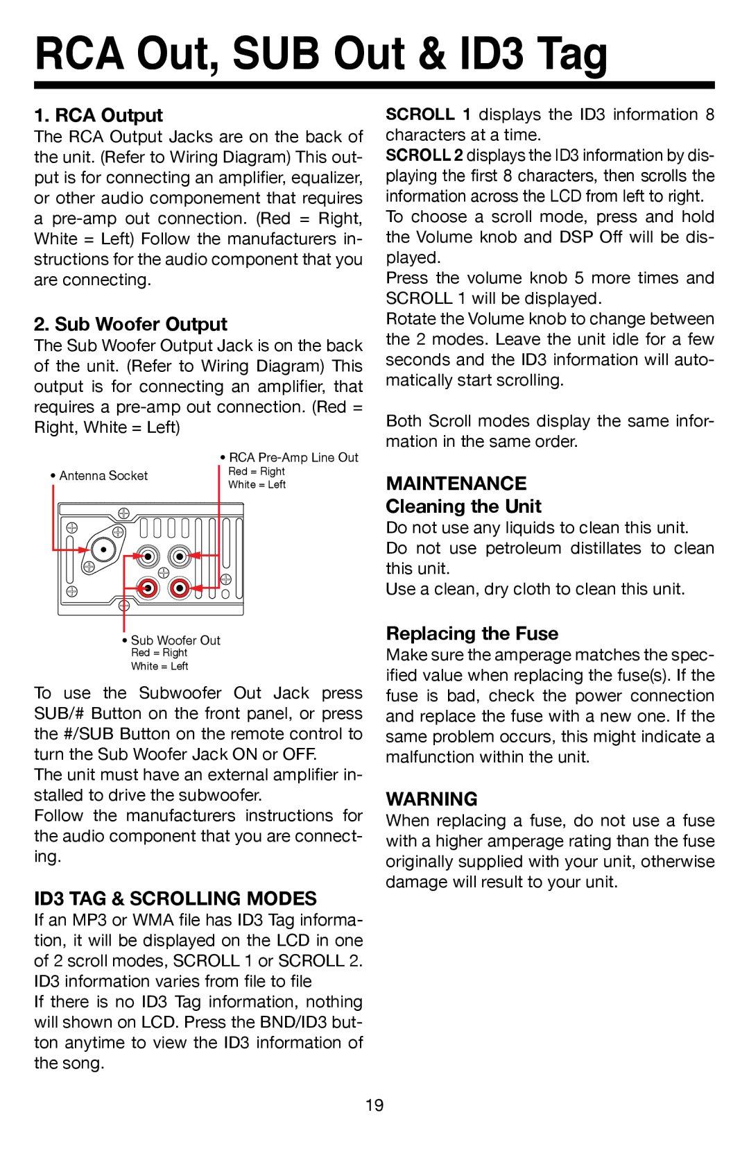 Roadmaster VR500CS-BT manual RCA Out, SUB Out & ID3 Tag, ID3 TAG & Scrolling Modes, Maintenance 