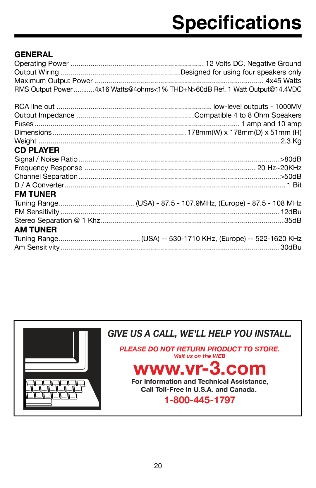 Roadmaster VR500CS-BT manual Specifications, General, CD Player, FM Tuner, AM Tuner 