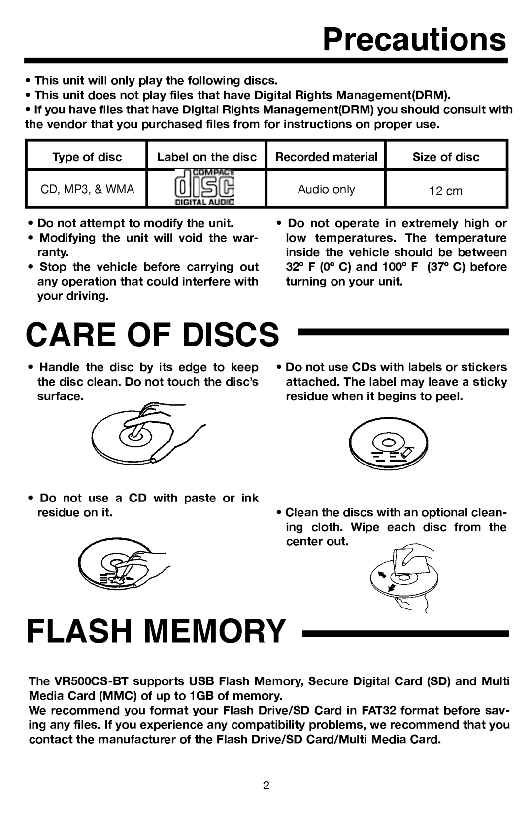 Roadmaster VR500CS-BT manual Precautions, Care of Discs 