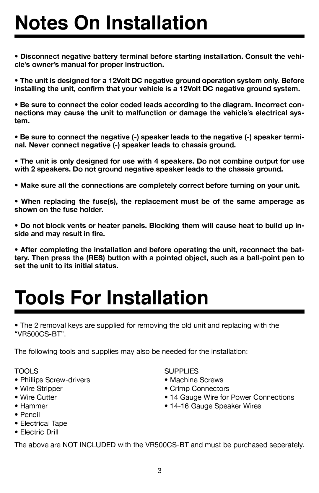 Roadmaster VR500CS-BT manual Tools For Installation, Tools Supplies 