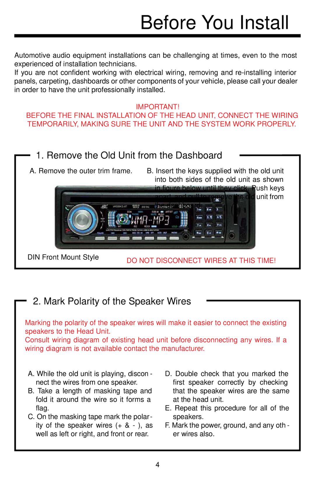 Roadmaster VR500CS-BT manual Before You Install, Remove the Old Unit from the Dashboard 