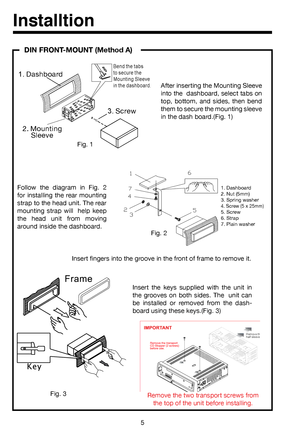 Roadmaster VR500CS-BT manual Installtion, DIN FRONT-MOUNT Method a 