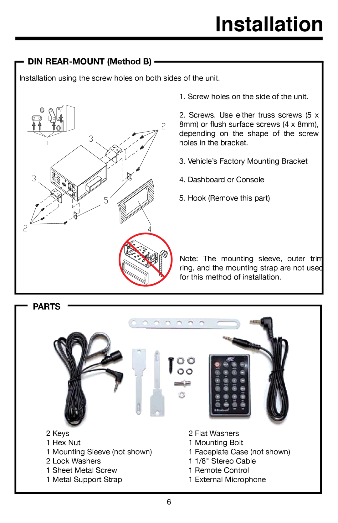 Roadmaster VR500CS-BT manual Installation, DIN REAR-MOUNT Method B, Parts 