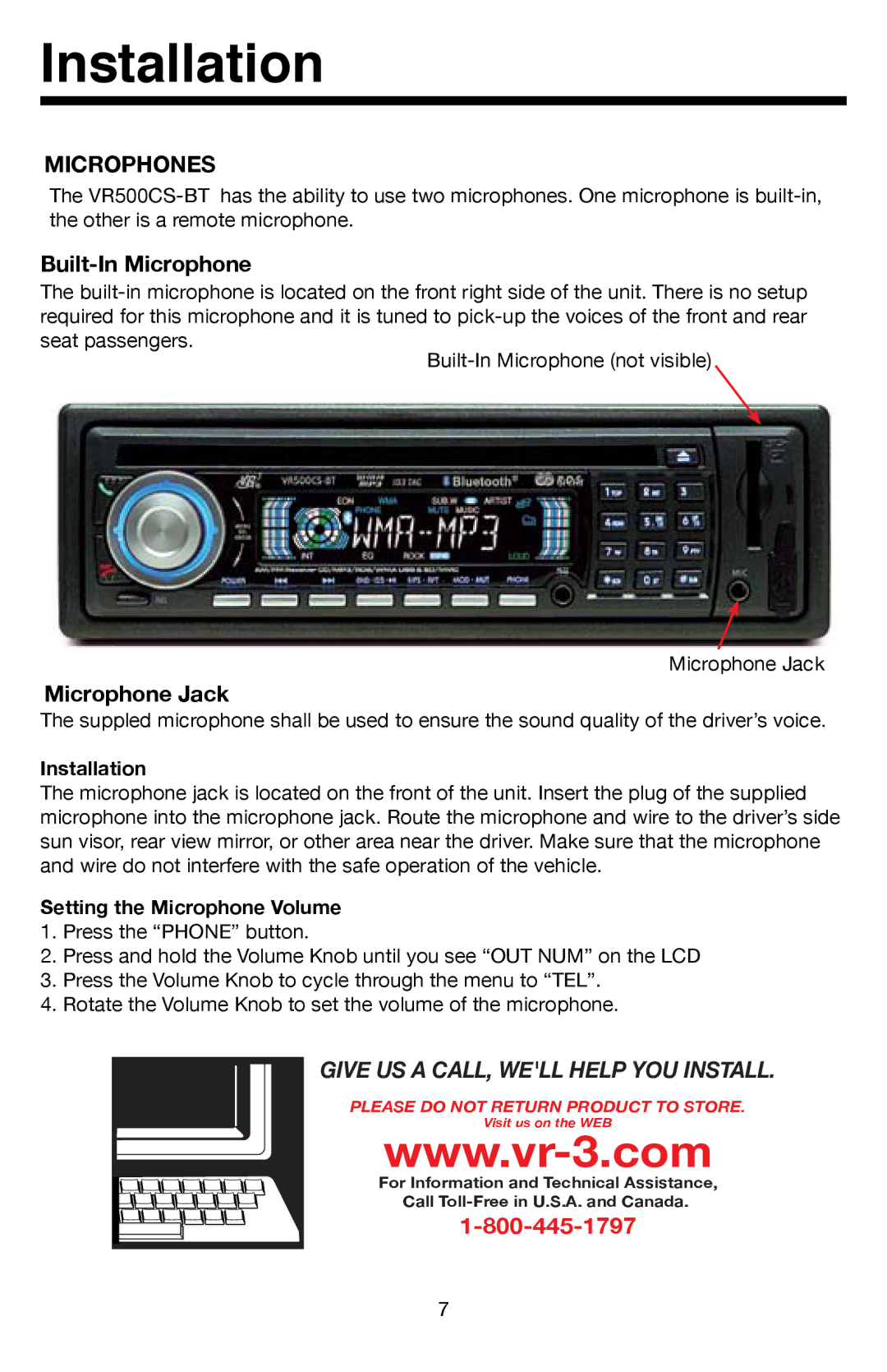 Roadmaster VR500CS-BT manual Microphones, Built-In Microphone, Microphone Jack 