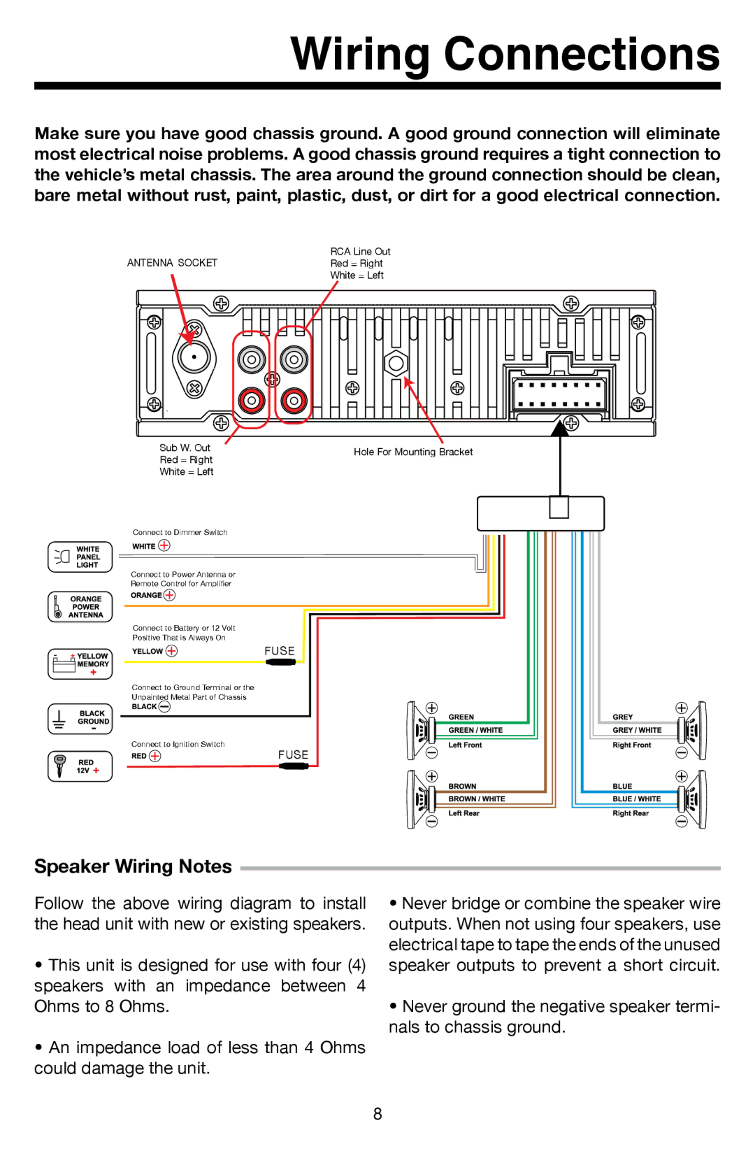 Roadmaster VR500CS-BT manual Wiring Connections, Speaker Wiring Notes 