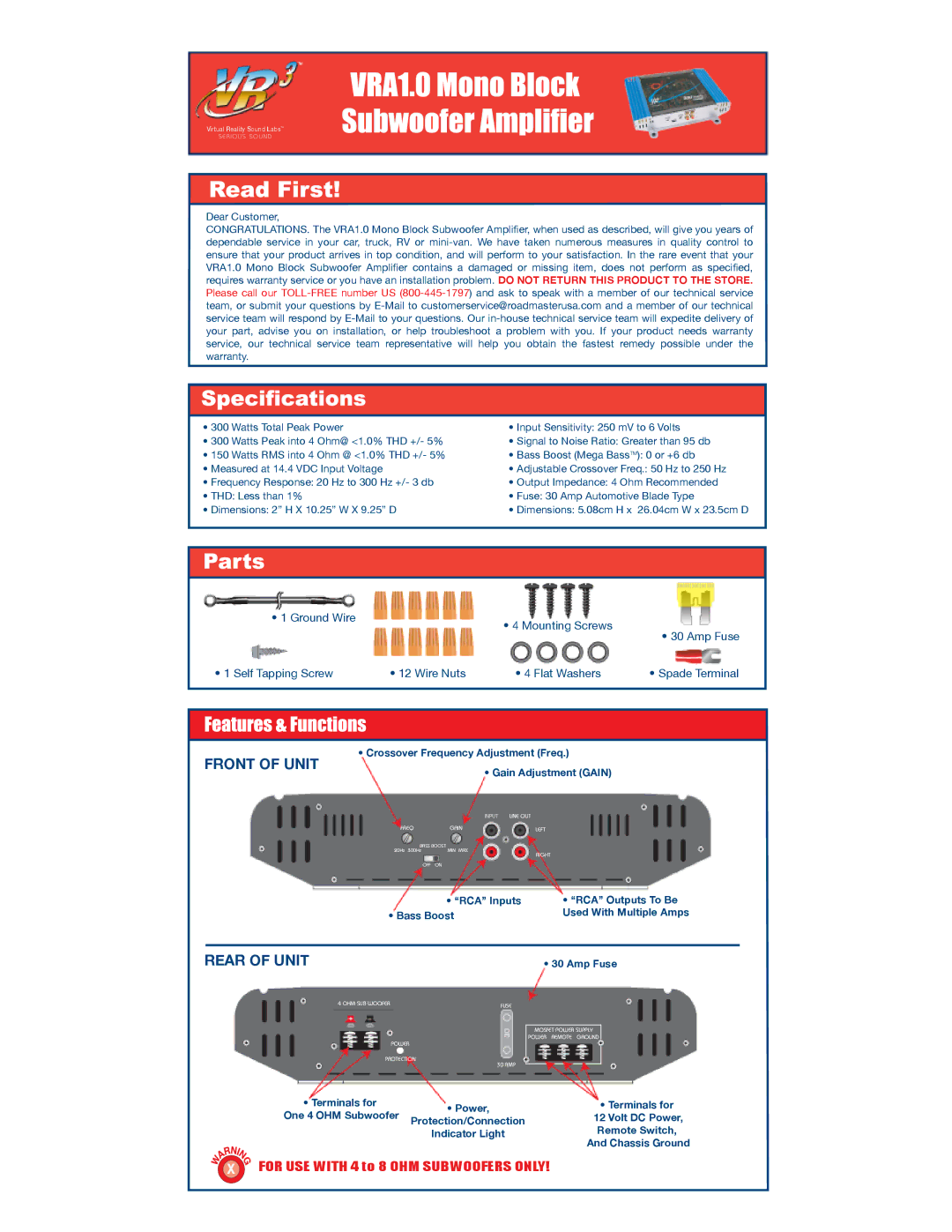 Roadmaster VRA1.0 installation instructions Crossover Frequency Adjustment Freq Gain Adjustment Gain, Amp Fuse, Power 