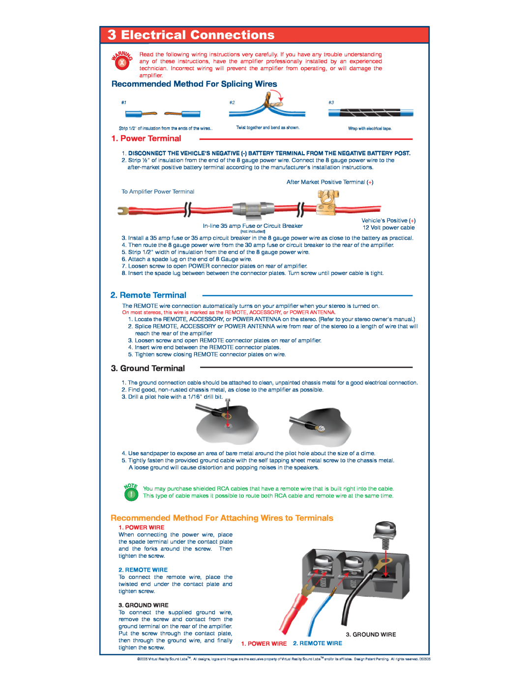 Roadmaster VRA1.0 Recommended Method For Splicing Wires, Power Wire, Power Terminal, Remote Terminal, Ground Terminal 